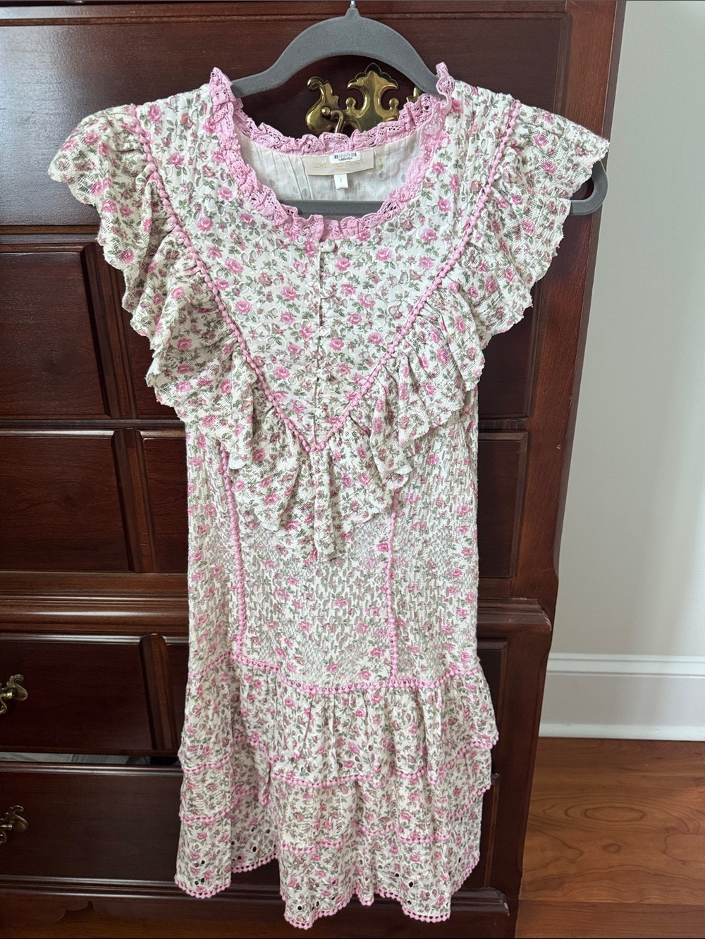 LoveShackFancy Pink and White Floral Ruffle Dress